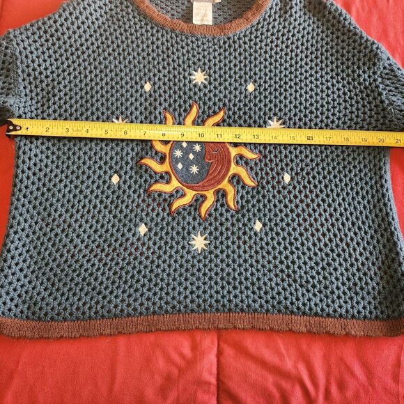 Earthbound Trading Co Celestial Open Knit Sweater Green XL Hippie Boho Cropped - Picture 6 of 9
